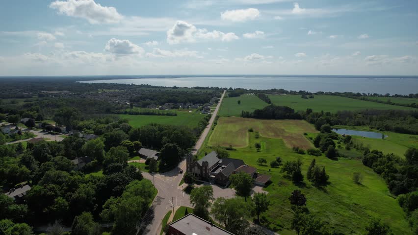 Lake Orbital Rural Church Aerial in Green Bay Wisconsin on Bay Settlement Road in summertime