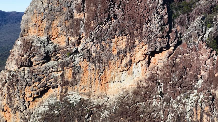 Wedge-tailed eagle flies across the volcanic rock face of The Breadknife in Warrumbungle National Park.