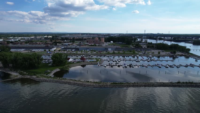 Slow Approach South Marina Green Bay Aerial in Summertime Lake Michigan