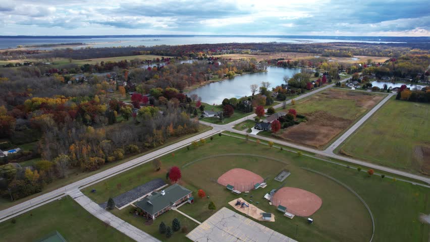 Righ to Left Horizon Fall Colors Aerial Midwest Suamico Wisconsin Small Town Residential