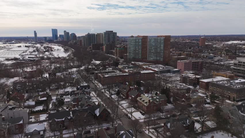 Slow Approach Aerial Milwaukee Wisconsin in Winter at the historic water pump station and tower