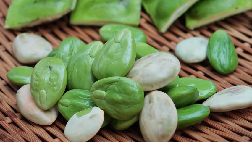 Peeled Stink Beans on Bamboo Tray