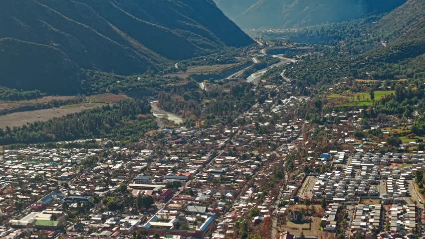 Aerial Establishing View of San José de Maipo in Cajón del Maipo Chile Surrounded by Andes Mountains 60 FPS Landscape