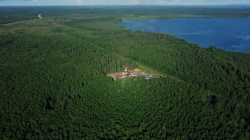 Aerial View of a Drilling Rig in the Forest Near South Wabasca Lake, Alberta, Canada