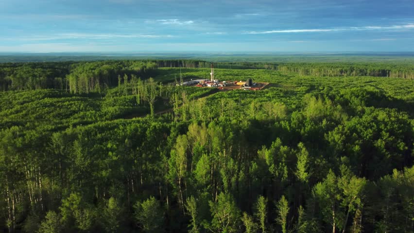 Aerial View of a Drilling Rig Surrounded by Green Prairies, Alberta, Canada