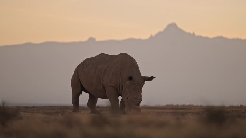 White Rhino and Mount Kenya on Savannah at Sunrise in Conservation Area on African Wildlife Safari, Rhinos at Sunset in Golden Hour and Orange Sky in Africa.