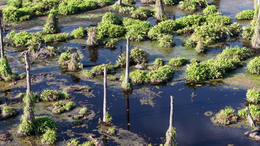 Aerial shot of cypress trees in a swamp. Water channels flow through green vegetation