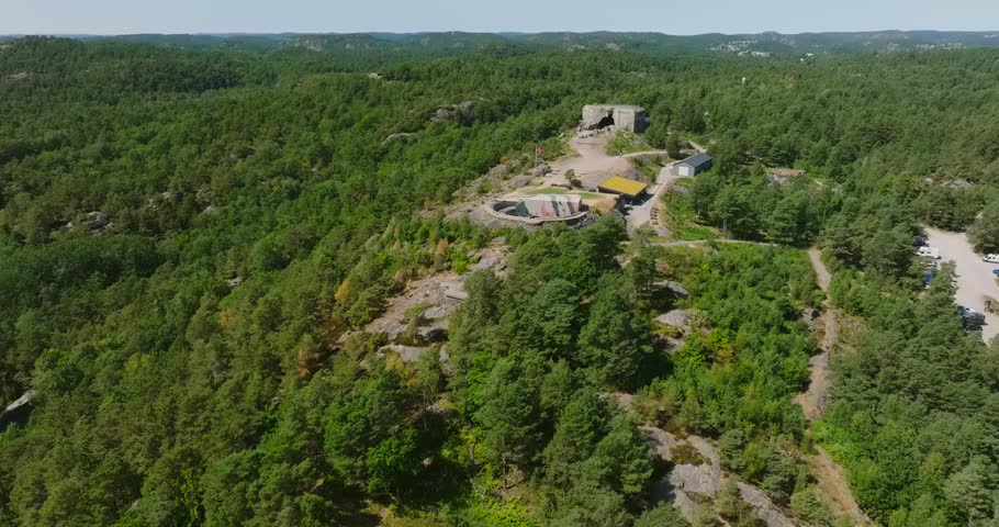 Aerial view of Møvik Fort World War Two coastal battery near Kristiansand showing remote location