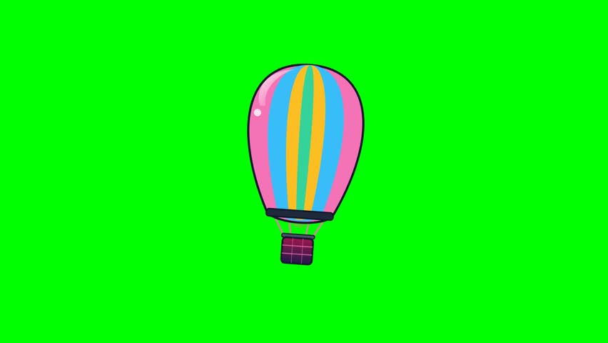 A vibrant cartoon style hot air balloon animation isolated on a bright green screen for easy chroma key compositing and video editing projects.