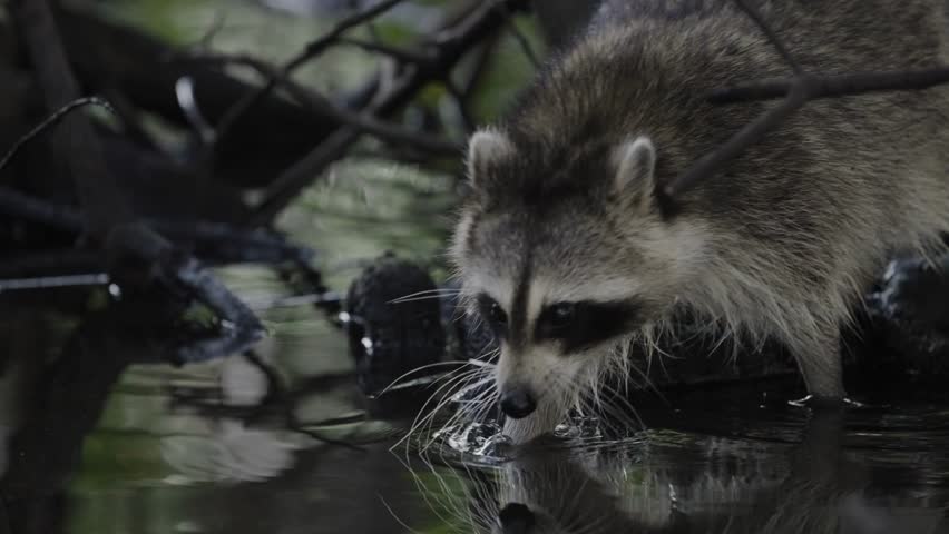 Close-up of a wild raccoon dipping its snout in shallow water, drinking and foraging near a stream bank.