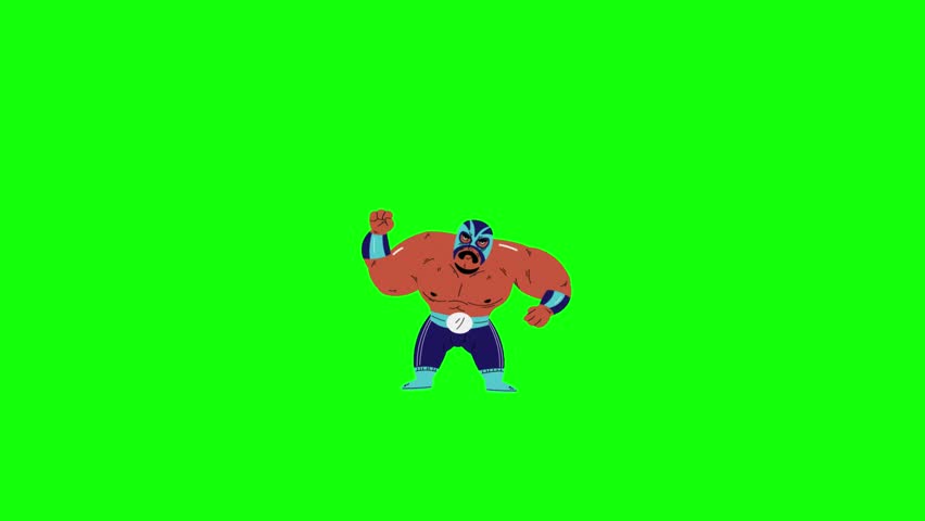 Bright green background with a muscular cartoon wrestler in a blue mask and wristbands raising one arm high in a victory pose, gently bobbing with smooth looping motion.
