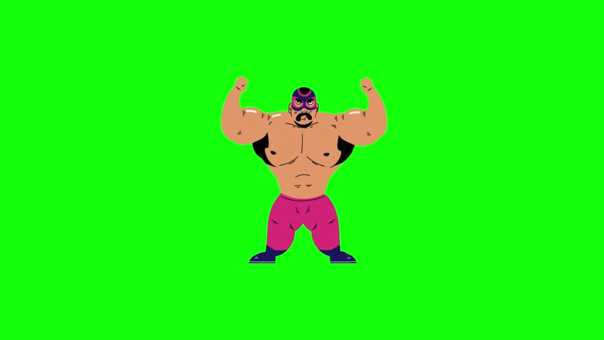 Bright green background with a muscular cartoon wrestler in a blue mask and pink pants flexing both biceps in a classic bodybuilder pose, gently bobbing in a smooth continuous loop.
