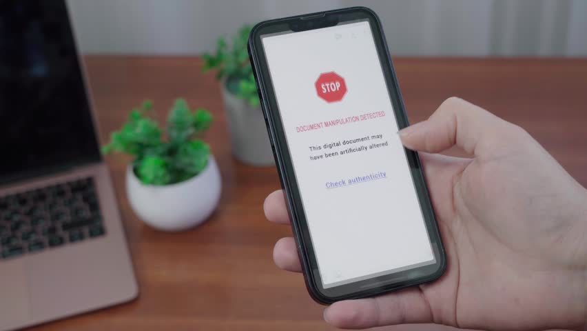 AI security app displays a stop alert that document manipulation is detected as a hand hovers over a check authenticity link.