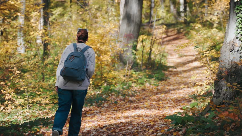 Woman with a backpack walking along a forest trail through a colorful autumn woodland, capturing outdoor adventure, hiking, freedom and the beauty of the fall season.
