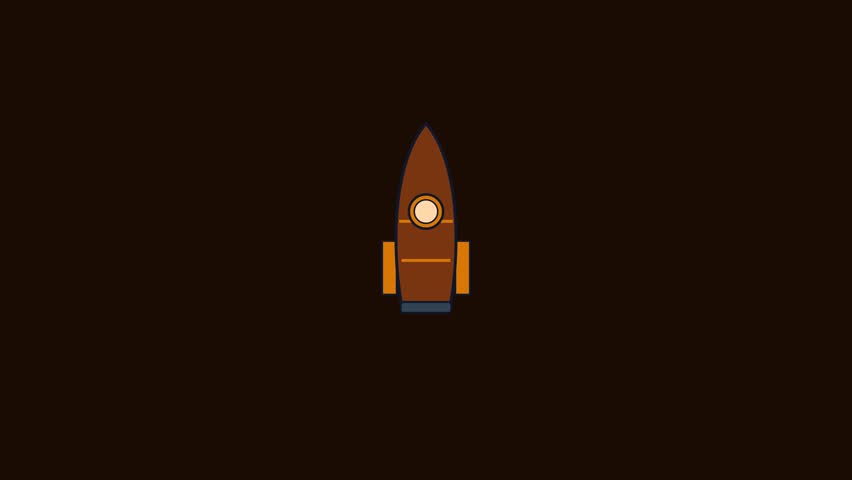 A minimalist flat design animation of a brown rocket ship taking off with a bright orange flame against a dark background.
