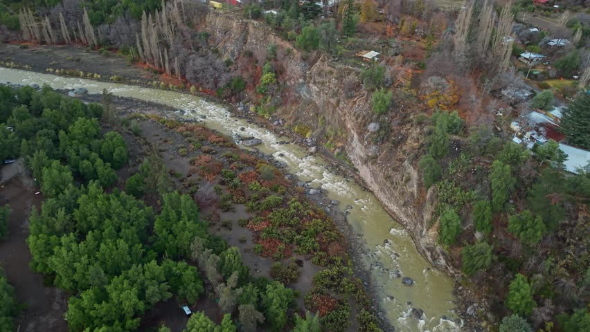 Maipo River Flow and Surrounding Mountain Village Chile Landscape, Aerial Environment View