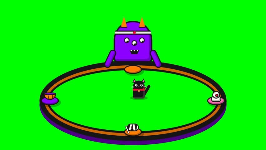Stylized creature and feline subject with spinning objects on chroma key Suitable for playful commercial overlays