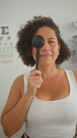 Woman holding occluder over right eye during eye exam in optician building, standing by eye chart and wearing white tank top; vision care calm.