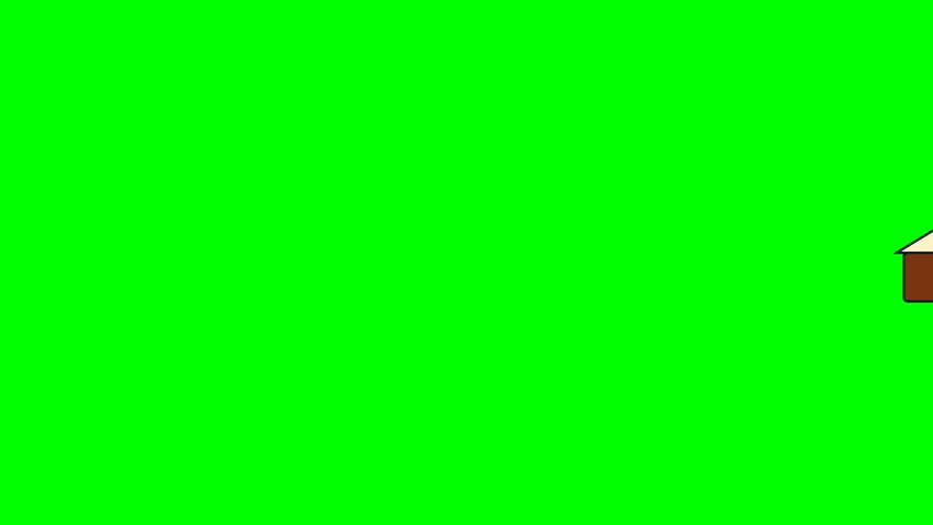 A simple 2D animated cartoon house icon featuring a chimney with rising smoke, isolated on a bright green chroma key background for easy compositing.