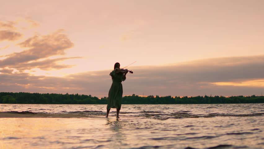 Solitary violinist playing by tranquil lakeshore at sunset, standing in shallow water as warm evening light reflects on gentle waves and distant forest horizon