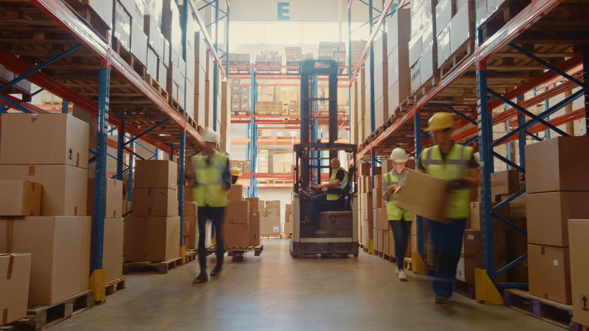 Time-Lapse: Retail Warehouse full of Shelves with Goods in Cardboard Boxes, Workers Scan and Sort Packages, Move Inventory with Pallet Trucks and Forklifts. Product Distribution Logistics Center