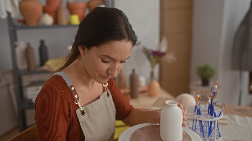 Woman wearing an apron paints a ceramic vase with a fine brush, hand steady on the rim in a studio; calm creativity.