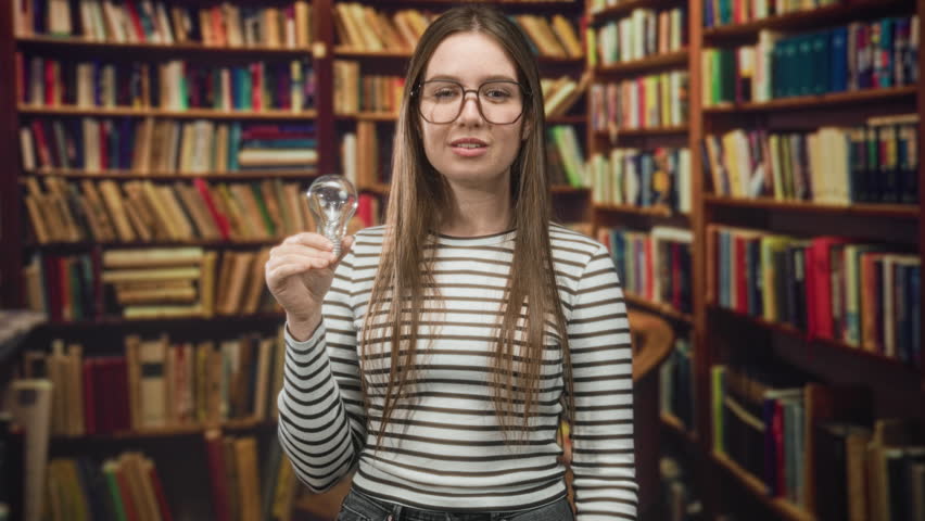 Young woman in striped shirt wearing glasses holding a lightbulb and puckers lips inside a library building while posing with her hand near the bulb; idea creativity playful.