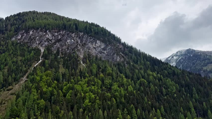 Austrian alpine forest covers steep rocky slopes below snow-capped peaks, with cloudy mountain weather and a narrow hillside trail.