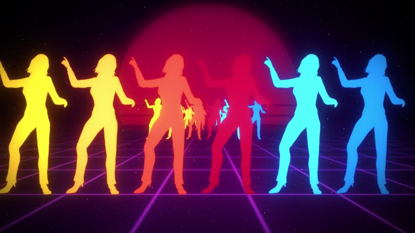 Retro 1980s Disco Dancing Women Silhouette Neon Synthwave Loop Background