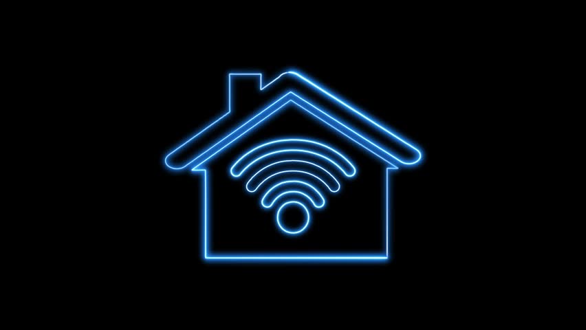 Smart home connectivity animation displays blue neon house icons wifi. Home connectivity smart technology element represents wireless signal. Connectivity animation is clean.