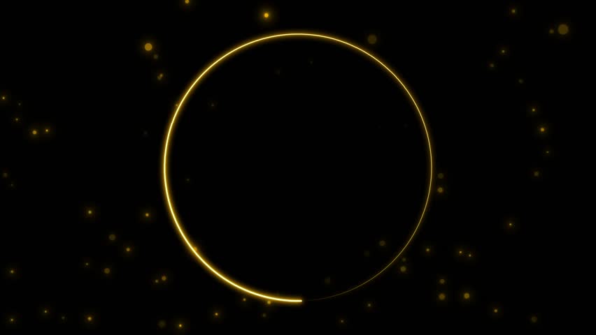 Golden ring circle animation displays floating bokeh lights on black. Ring circle golden frame element features elegant glowing orbs. Golden ring animation is neat.