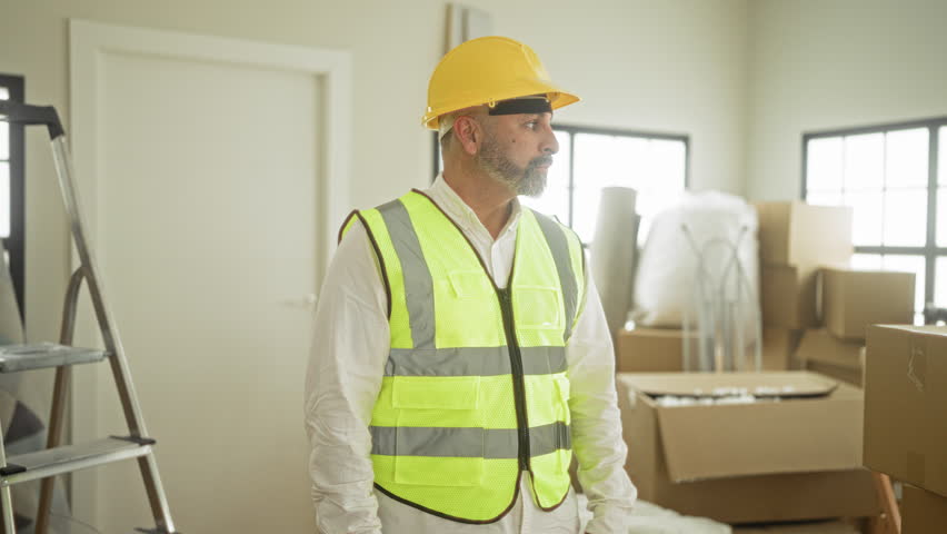 Man builder wearing yellow hardhat and hi vis vest stands hands on hips in a building under renovation; confidence progress.