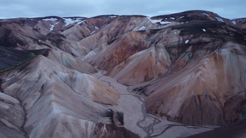 Aerial view of the colorful rhyolite mountains and volcanic landscape of Landmannalaugar in Rangarthing ytra, Iceland.