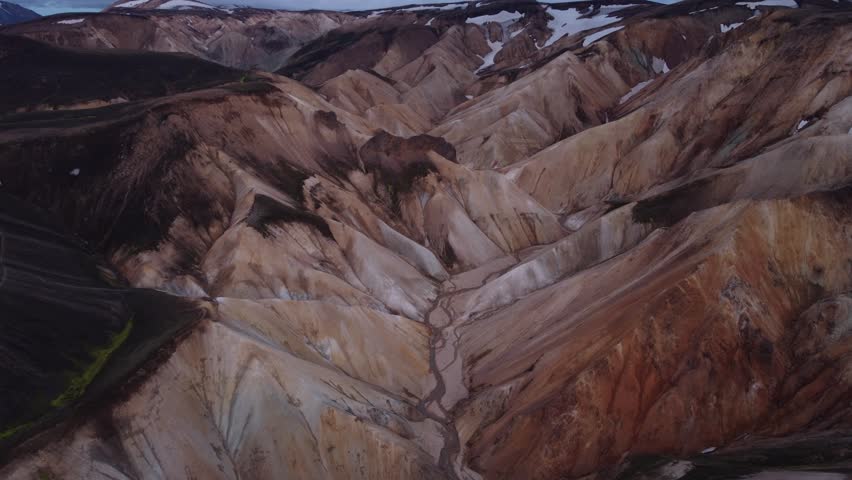 Aerial view of the colorful rhyolite mountains and volcanic landscape of Landmannalaugar in Rangarthing ytra, Iceland.