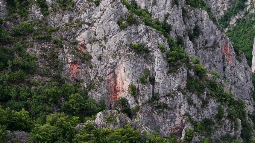 A massive gray limestone cliff face rises sharply above a dense green forest within a rugged and wild mountainous region.