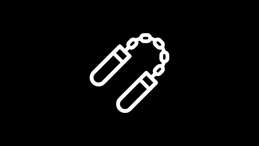 A minimalist graphic depicting nunchaku, a traditional Okinawan martial arts weapon, rendered in a clean white line art style against a solid black backdrop