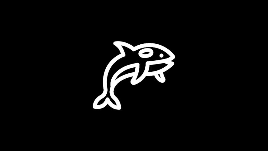 A minimalist, hand-drawn illustration of a killer whale breaching the water, depicted with clean white lines against a solid black backdrop