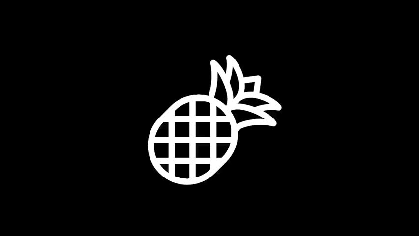 A clean, modern line art icon of a pineapple presented in white against a solid black backdrop, perfect for digital use