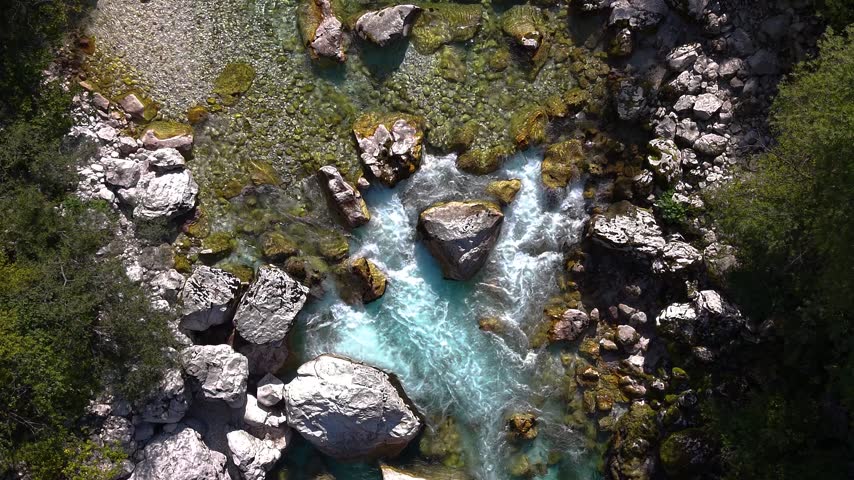 Top-down view of rapids on Soca river rocky stream, Slovenia