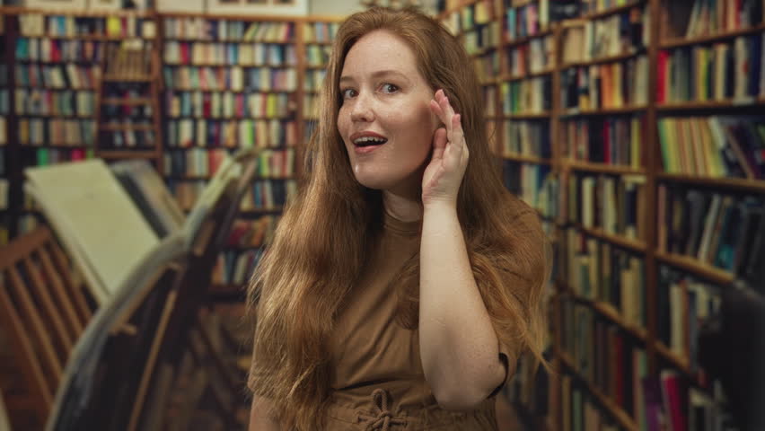 Woman cups hand to ear in quiet library building lined with floor to ceiling wooden bookshelves; attentiveness.