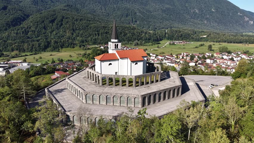 Aerial view of Italian Charnel House ossuary in Kobarid, Slovenia