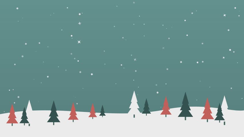 Flat vector illustration of a winter landscape with stylized pine trees and falling snow motion animation loop video