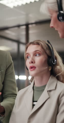 Night, call center and business women in office with crm, help desk or voip system for feedback. Headset, deadline and technical support consultant for customer service or online consultation.