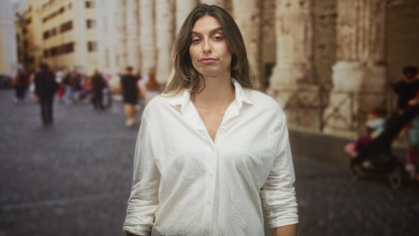 Woman in white shirt shrugging palms up on a busy street by stone building columns with blurred pedestrians and cobblestone ground; bemused uncertainty.