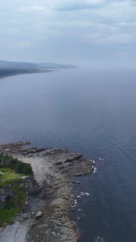 Aerial vertical view of a calm blue river surrounded by green forest in Quebec