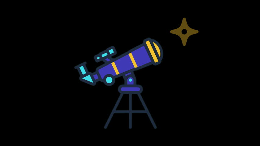 Telescope icon on a tripod pointing at a shining star during space observation animation