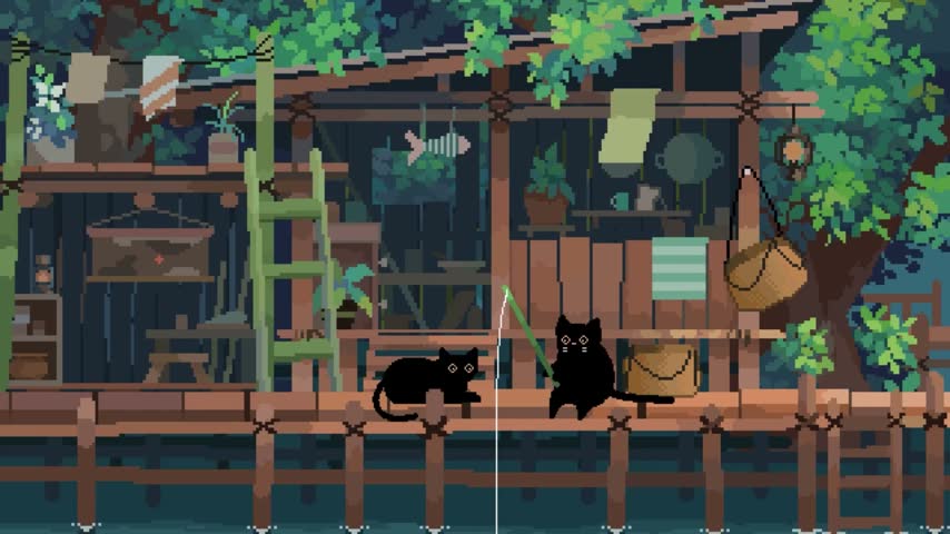 Black cats fishing by the lake cabin