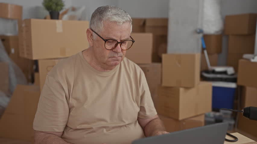 Senior man holding eyeglasses and pinching the bridge of his nose in a building amid packed moving boxes, a drill and a laptop on the table; relocation fatigue.