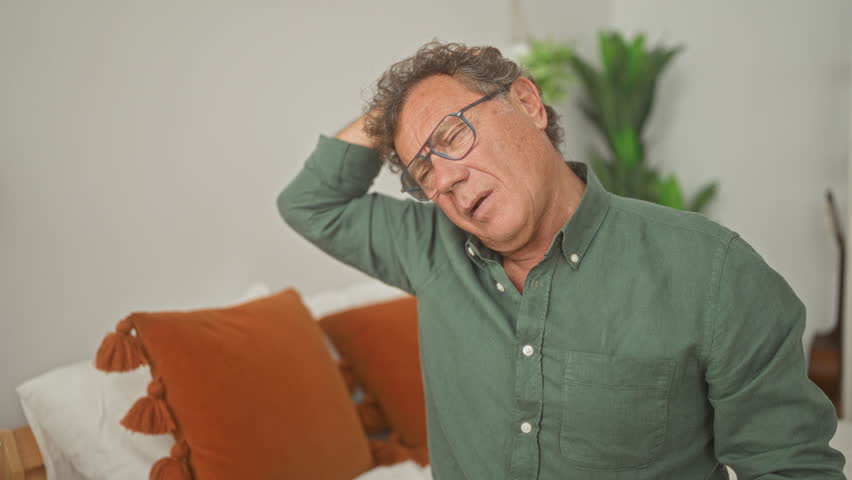 Man with hand on head sitting on bed with orange pillows in building, wearing glasses and green shirt; fatigue reflection.