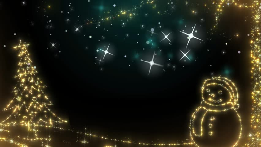 This video shows golden light formations of a snowman and tree against a dark sky with moving stars